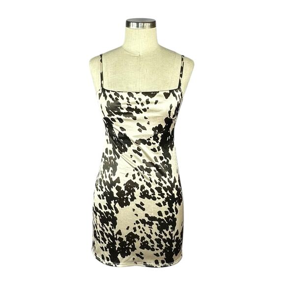 URBAN OUTFITTERS Cow Pattern Sateen Mini Dress Women's Size Small Cream Brown - Picture 1 of 7